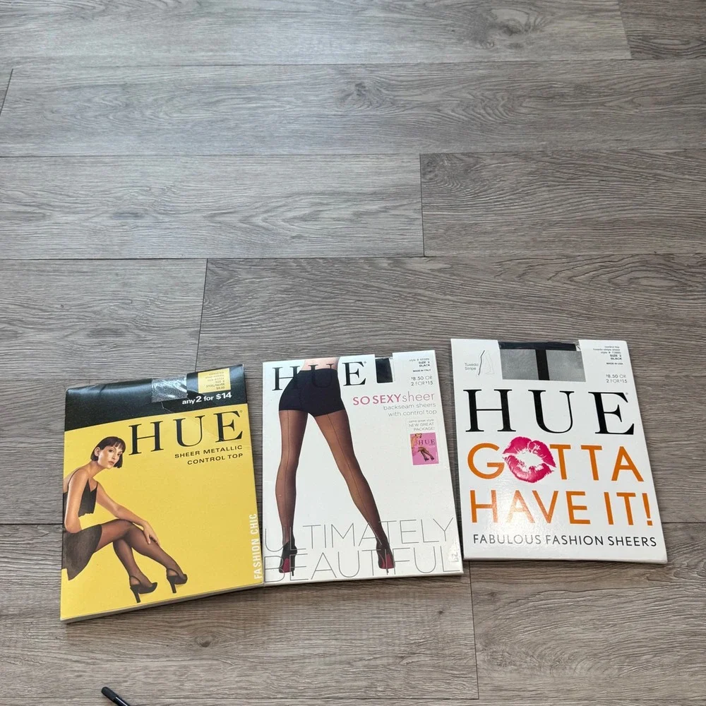Hue Tights Bundle 3pk Sheer Metallic Backseam Tuxedo Stripe Black Silver Size 2